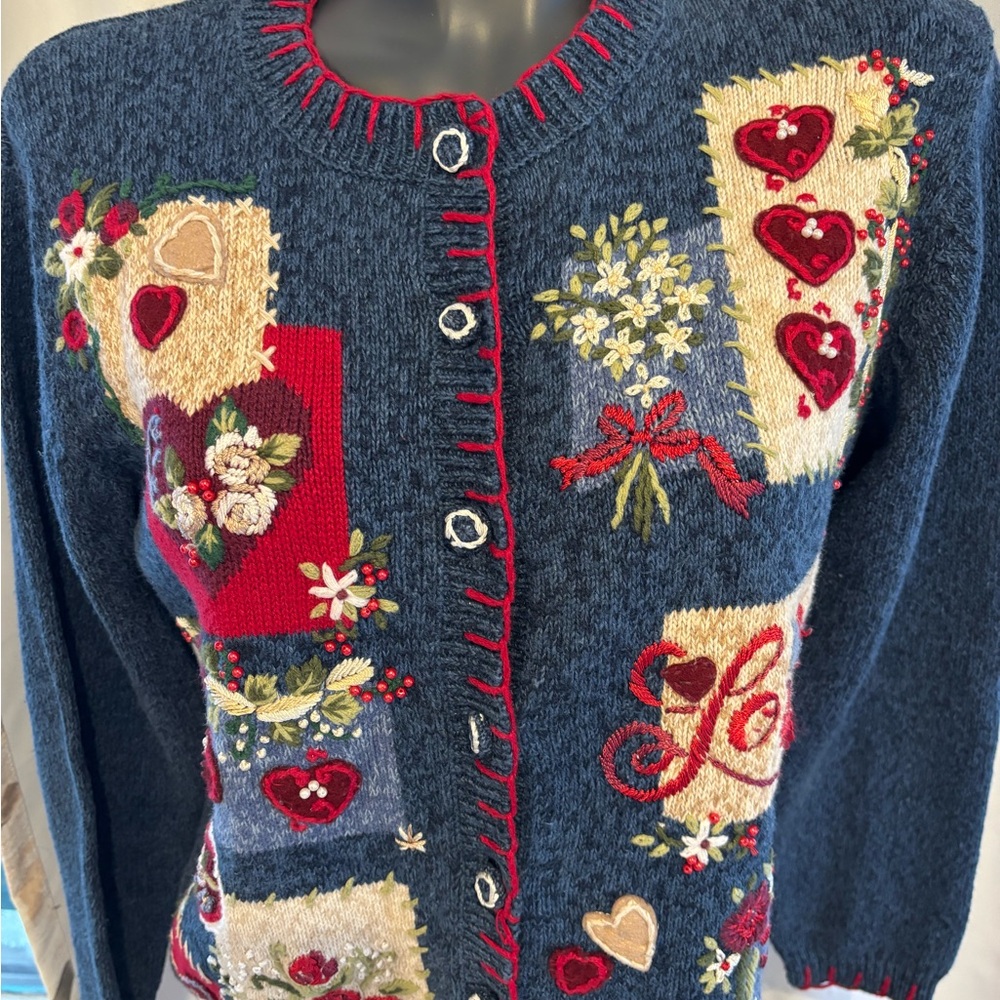 Charming Embroidered Cardigan - Blue and Red